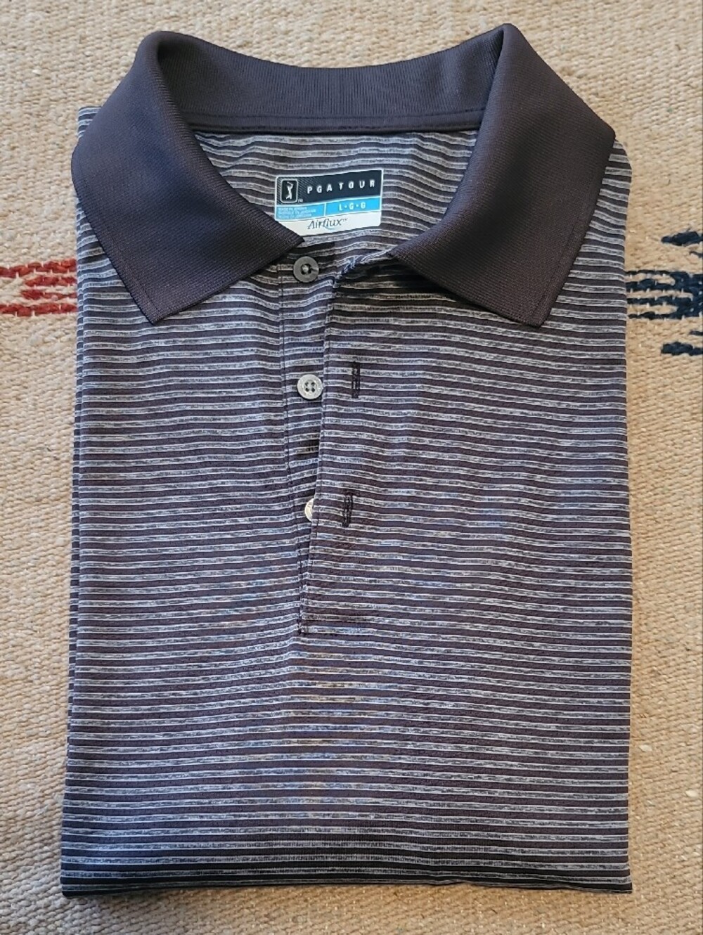 PGA TOUR Men’s Golfing Dark Gray and Light Gray Striped Long Sleeve Polo Shirt